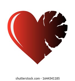 Red cracked heart icon isolated on white background. Heart shape with cracks and ragged edges. Symbol of unhappy love, emotional experience or painful condition. Scalable vector illustration in EPS8.