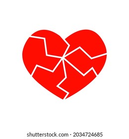 Red cracked heart icon isolated on white background. Pictogram of medicine for the cardiovascular system. Symbol of heartbreak, infarct, divorce, parting. Vector flat illustration.