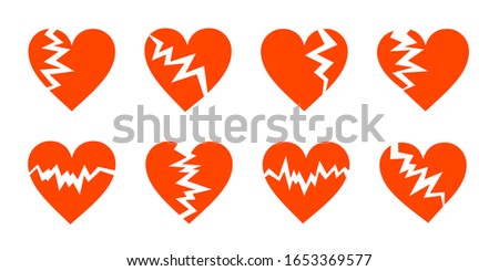 Red cracked hearts flat icons set. Wrecked heart symbols isolated on white. Unhappy love, divorce or mental pain concept. Various shapes with cracks. Scalable vector illustration in EPS8.