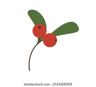 Red cranberry flat icon isolated on white background. Cranberries with green leaves. Red berries, lingonberry, mountain cranberry. Hand drawn cartoon vector illustration.