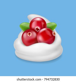Red cranberry in yogurt or cream. Realistic dessert with berries