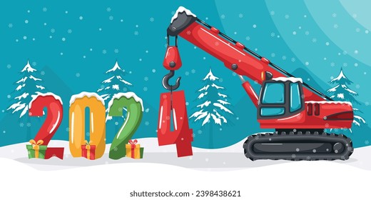 Red crawler or chain telescopic crane placing the year 2024. Christmas winter landscape with snow. Celebrating the beginning of a happy new year. Heavy machinery used in the construction industry