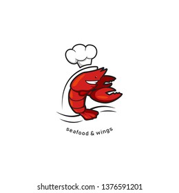 Red Crayfish lobster with chef hat character mascot, seafood and wings bistro restaurant cafe logo illustration