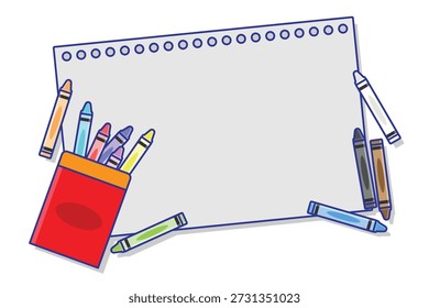 Una caja de lápiz rojo y lápices de colores dispersos enmarcando una pieza en blanco de papel de cuaderno.