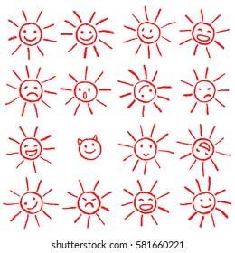 Red crayon chalk funny sun with smile face. Red pastel chalk hand drawn set of happy, glad, happy, angry, sad, faces suns. Many cute suns.
