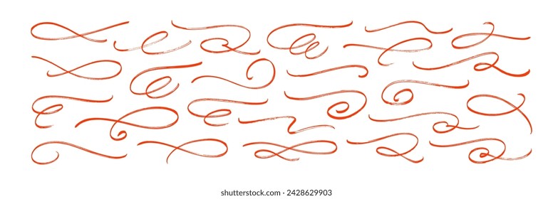 Red crayon curly lines, squiggles and decorative doodle swooshes. Hand drawn marker vector borders. Ornate swirl swashes, decorative flourish dividers. Charcoal or pencil drawn wavy lines.