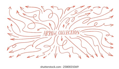 Red crayon drawn squiggle and wavy arrows collection. Vector hand drawn long thin arrows with loops, straight strokes, freehand various curved lines. Doodle marker drawing, scribbles and scrawls.