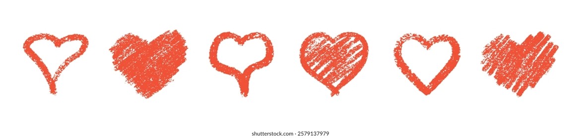 Red crayon heart collection with textured effect - vector hand drawn romantic shapes in sketchy style showing different strokes and filling patterns. Scribbled love symbols for valentine designs.