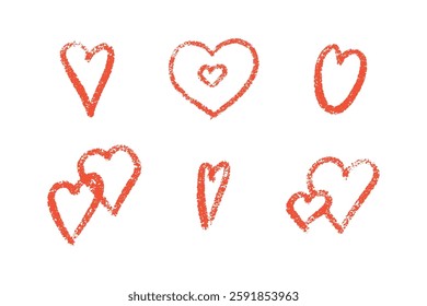 Red crayon heart set with grunge texture - outlined, nested, overlapping romantic symbols. Vector designs with chalk like effect. Love doodles for Valentine day decorations.
