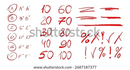 Red crayon mark for paper. Handwritten pencil check icon and sketch circle with exam score percent. School homework grading with good and c word doodle scribble. Brush pen art with letter design