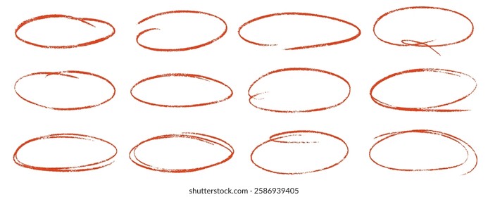 Red crayon ovals and circles set. Hand draw ellipses in red pencil doodle style for diagrams. Round marker freehand shapes, emphasis highlights rough thin frames. Vector illustration.