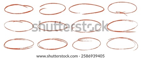 Red crayon ovals and circles set. Hand draw ellipses in red pencil doodle style for diagrams. Round marker freehand shapes, emphasis highlights rough thin frames. Vector illustration.