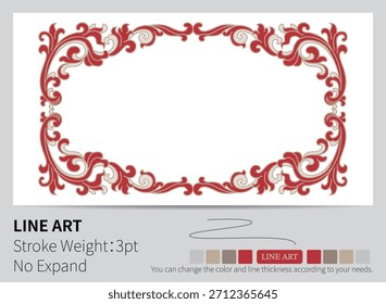 El borde decorativo rojo y crema presenta elegantes pergaminos que fluyen y un motivo de llama.