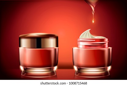 Red cream jar mockup, blank cosmetic container template for design use with cream texture in 3d illustration, glowing red background