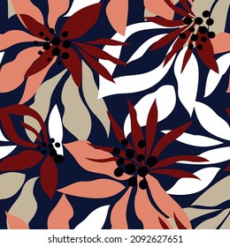 Red Cream Orange And White Seamless Floral Vector Flowers Pattern On Navy Background