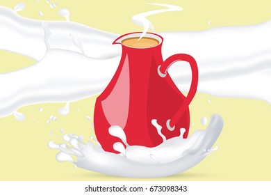 Red cream pot with cream splash isolated on yellow background
