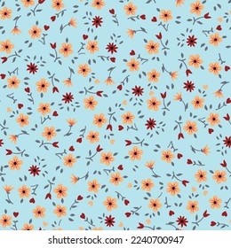 red and cream seamless floral vector small flowers with grey leaves pattern on blue background
