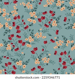 red and cream seamless floral vector small flowers with green leaves pattern on green background