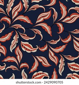 red and cream seamless floral vector leaf pattern on navy background