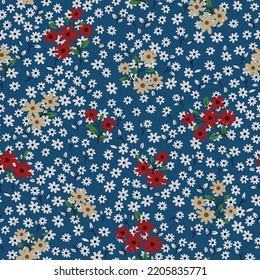 red and cream seamless vector small flowers leaves bunches pattern on blue background