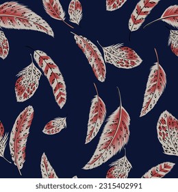 red and cream seamless vector stock with abstract leaf pattern on navy background