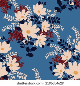vector rojo y crema flores sin soldadura con el patrón de las hojas en fondo azul