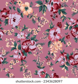 red and cream vector stock flowers with green leaves pattern on pink background