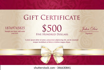 Red and cream vintage gift certificate with champagne ribbon