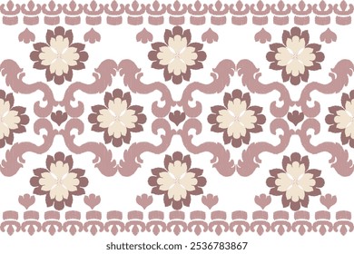 Vermelho, creme e bordado branco, motivo étnico ikat ilustração têxtil sem emenda, impressão ornamento listrado, padrão, design para embrulhar, seda, cachecol, roupas, fundo, têxtil, tapetes, cortinas.