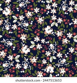 red cream and white seamless floral vector small flowers with green leaves pattern on navy background