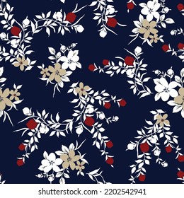 red cream and white seamless vector small flowers with leaves pattern on navy background