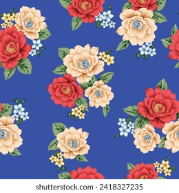 red cream yellow and blue seamless vector stock flowers with green leaves bunches pattern on blue background