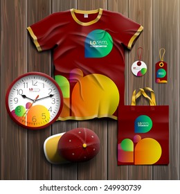 Red creative promotional souvenirs design for corporate identity with color shapes. Stationery set
