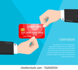 red credit card in the hand of a bank employee on a blue background, receiving a credit card at the bank branch