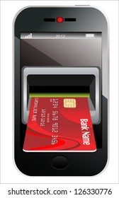 Red Credit Card and modern mobile phone on a white background