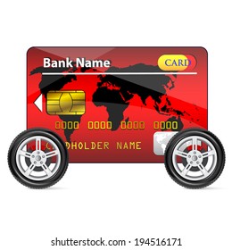 Red Credit Card on Wheels isolated on white background 