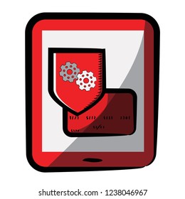 Red Credit Card Tablet and Gear Shield. Sketch-Style Icon. Symbol. Sign. Stock Vector Illustration. Transparent. White Isolated.