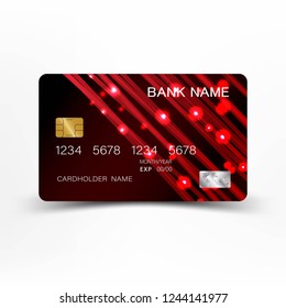 Red credit card template design. With inspiration from the line abstract. On white background illustration. Glossy plastic style.