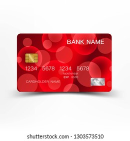 Red credit card template design.  On white background. Vector illustration. Glossy plastic style.