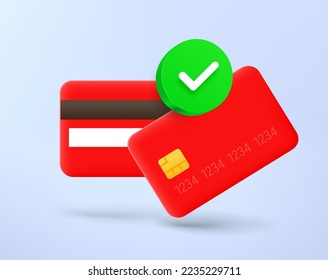 Tarjetas de crédito rojas con marca de verificación verde. icono de vector 3d