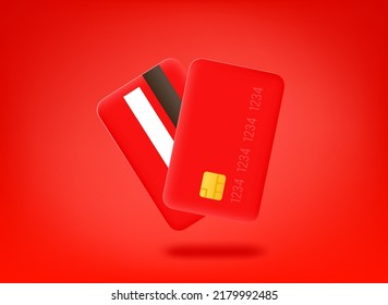 Red credit cards on red backgrond. 3d vector illustration