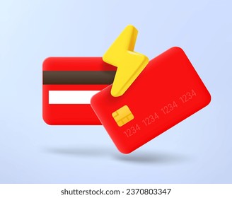 Red credit cards with thunderbolt. 3d vector icon