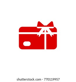 red credit debit card with bow and ribbon. Gift card icon. Bank present sign. Vector flat icon isolated on white.