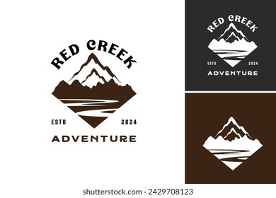 Red Creek Adventure logo design template. a scenic landscape of a flowing creek surrounded by vibrant red foliage, perfect for nature-themed designs and advertising.