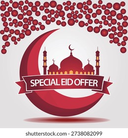 Red crescent moon with mosque and special eid offer banner