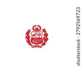 Red crest emblem with shield, laurel wreath, and floral design on white background, vector logo