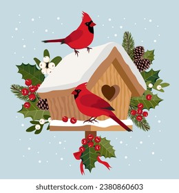 Red crested birds on a wooden birdhouse with snow. Red cardinal birds on a holly branch. Birdhouse with birds with Christmas decorations made of holly, mistletoe, spruce branches. Illustrated vector.