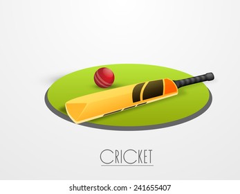 Red cricket ball with bat on green field stage with text cricket on white background.