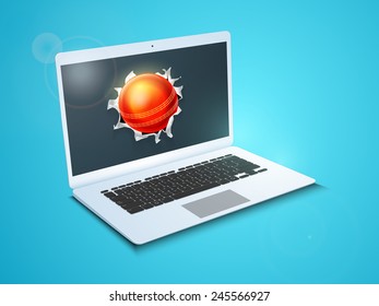 Red cricket ball coming out from a shiny laptop screen on blue background.