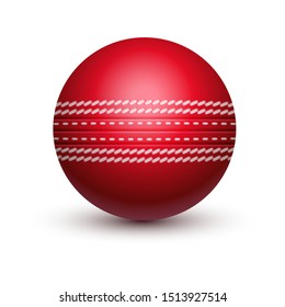Red cricket ball with leather string. Isolated sport equipment for sport. Hard solid spherical ball with shadow or shade. Closeup or mockup lying sphere. Sporting and leisure, recreation and game,play